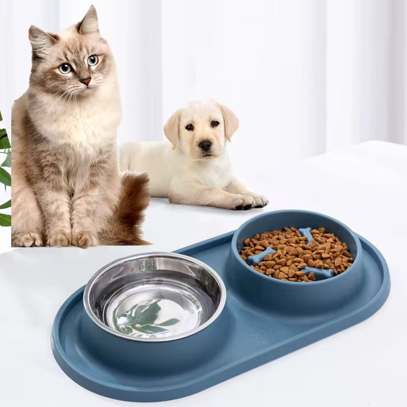 Comedouro Lento Tigela Silicone Inox Para Cães E Gatos 2 Em 1 Alimentador Animais Estimação Fonte Água
