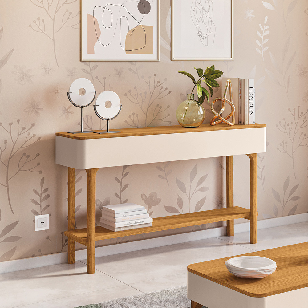 Aparador Para Sala de Estar Orgânico Pés Madeira Maciça 136cm Fontana B01 Off White Cinamomo - Lyam Decor