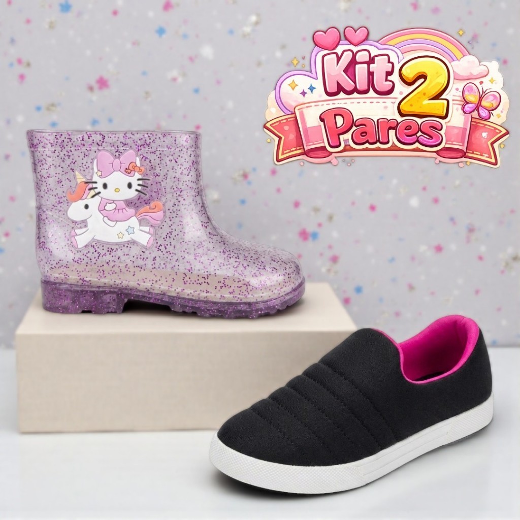 Kit 2 Pares Infantil Menina Galocha e Calce Fácil Macio e Confortável