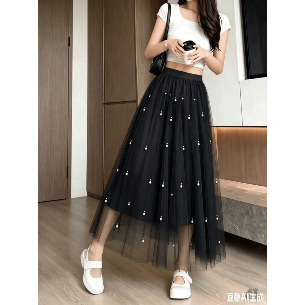 Saia midi de tule com aplicações de miçangas Pérolas Formal e Noturno