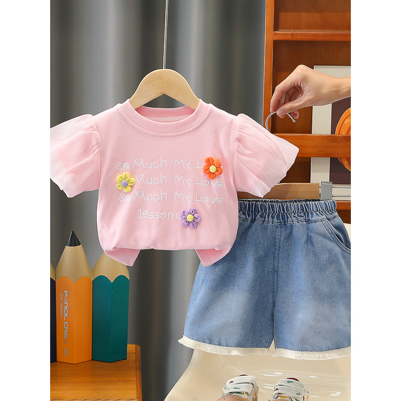 Meninas roupas de verão 2026 novo estilo moda flor terno de manga curta bebê verão moda crianças roupas infantis na moda