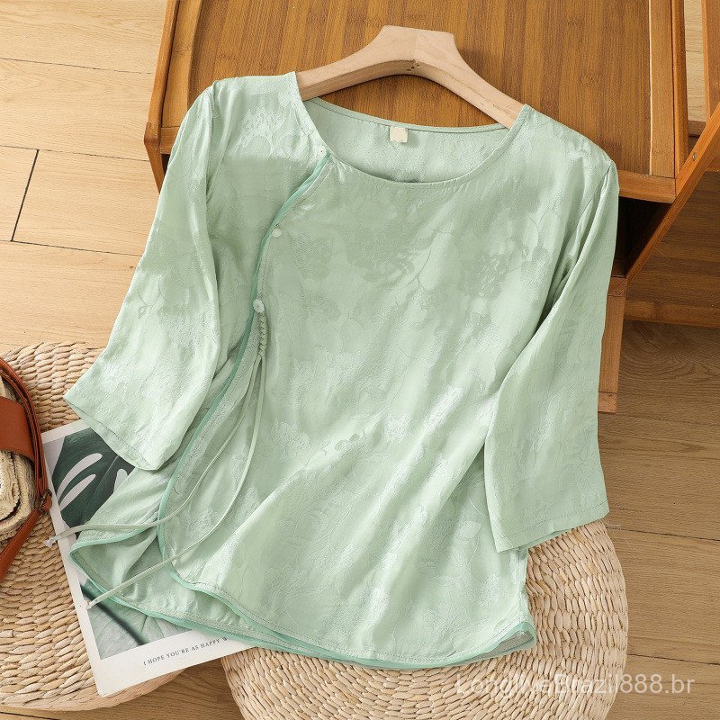 Blusa de Cetim Estampada Estilo Chinês Nova Coleção PrimaveraVerão, Gola Redonda, Caimento Solto, Camisa Estilo Vestido