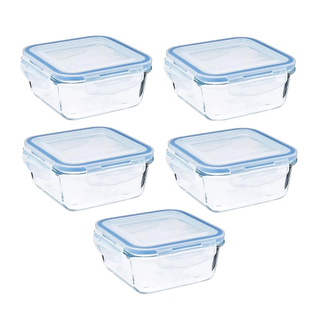 Conjunto 5 Potes Tigela Hermético Organizador Antivazamento Marmita Reutilizável 4 Travas Fitness Refratário Vidro 1,05L