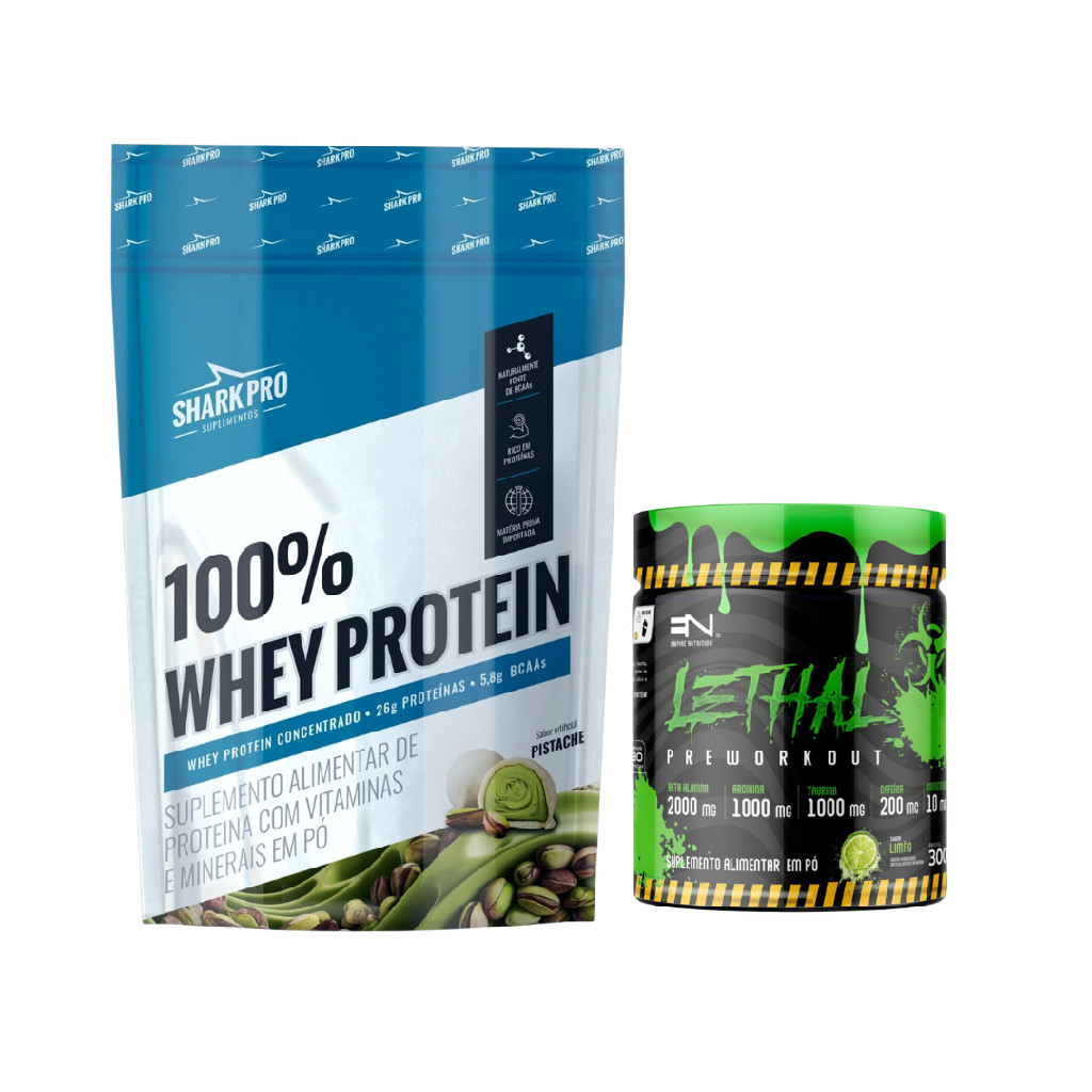 Kit 100% Whey Protein Shark Pro 900g Pistache + Pré Treino Lethal 300g Limão