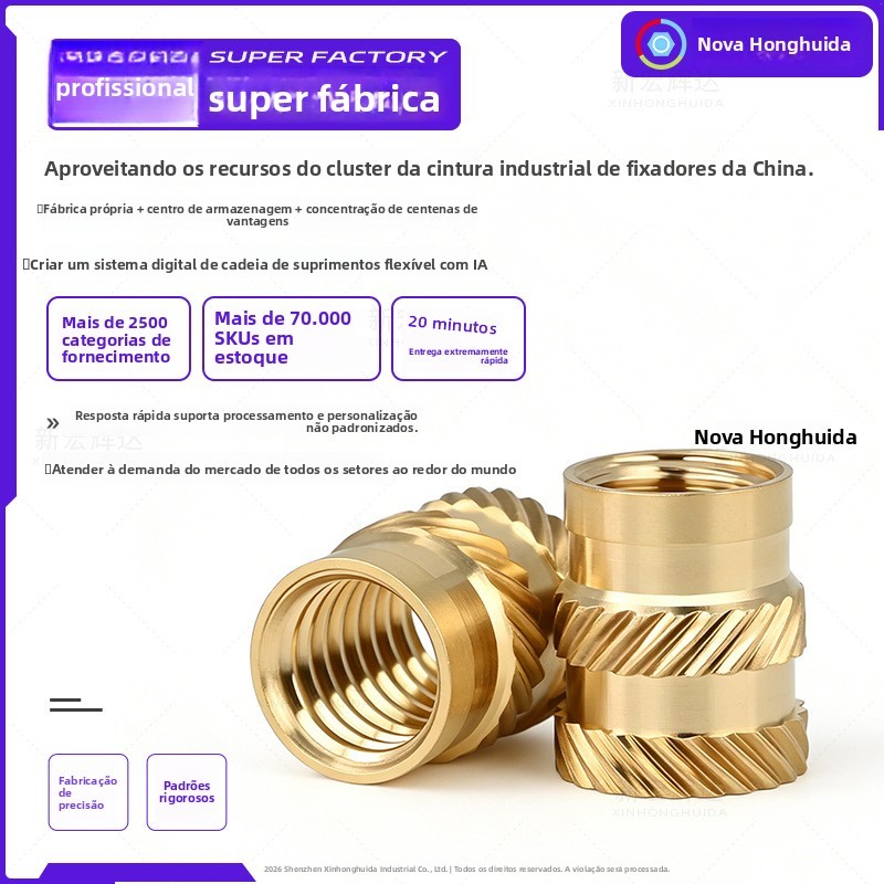 Porca de cobre tubular com fusão a quente, porca de cobre serrilhada diagonal dupla m4m5m6m8m10, porca de cobre serrilha