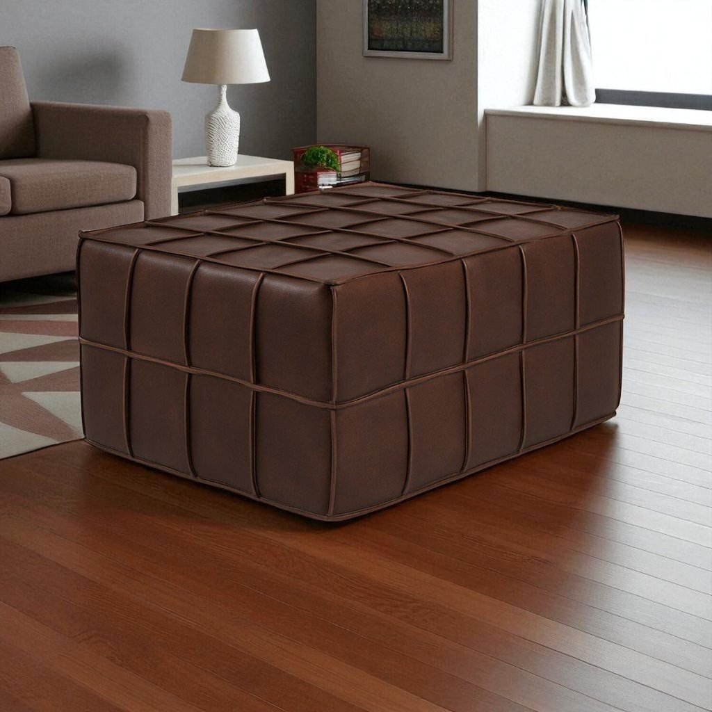 Puff de Couro Legítimo Decorativo 80x60x40 cm Queen Marrom Marrom
