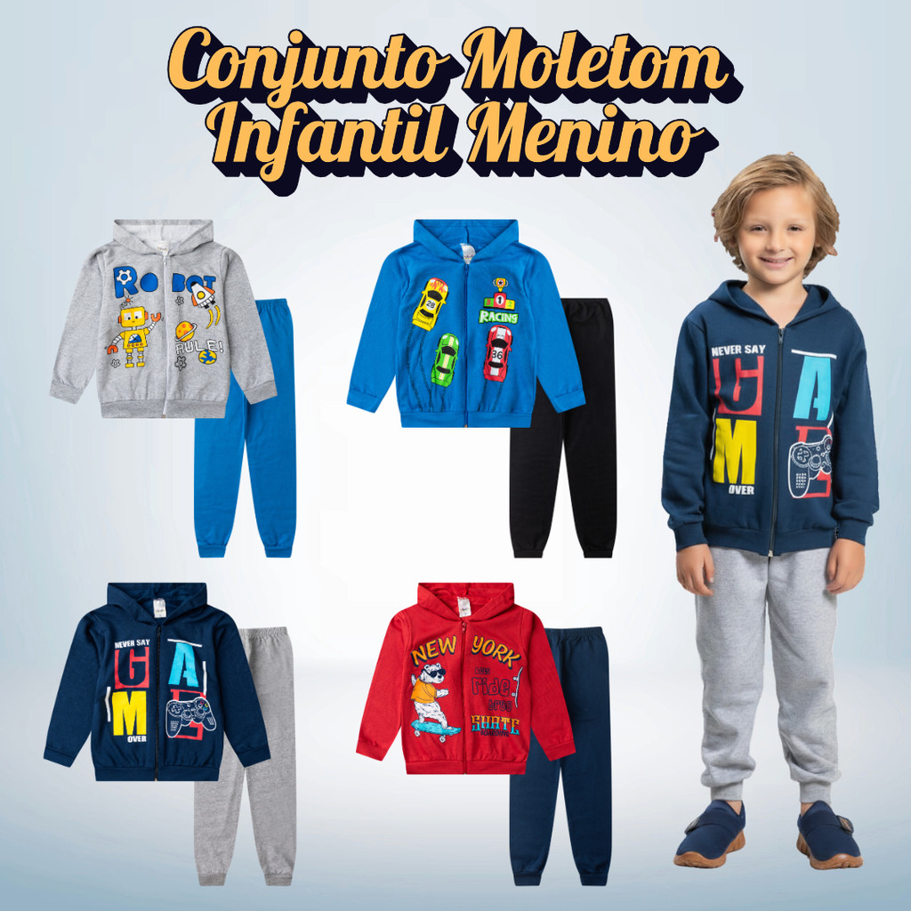 Conjunto Moletom Inverno Menino Jaqueta c/ Capuz e Calça - Tamanho 1 ao 8