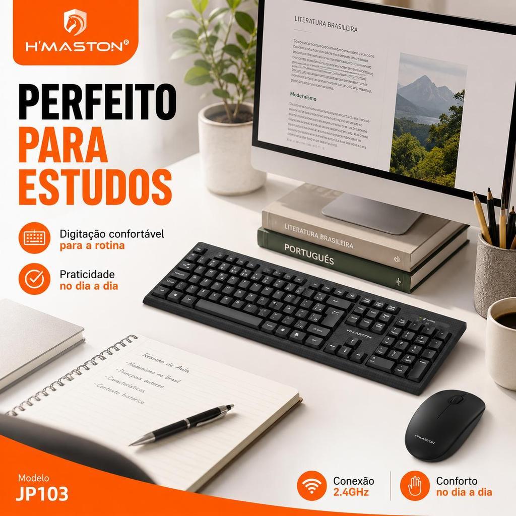 Kit Teclado e Mouse Sem Fio 2.4GHz H'MASTON JP103 À Prova d'Água Plug and Play Confortável para Escritório Home Office e