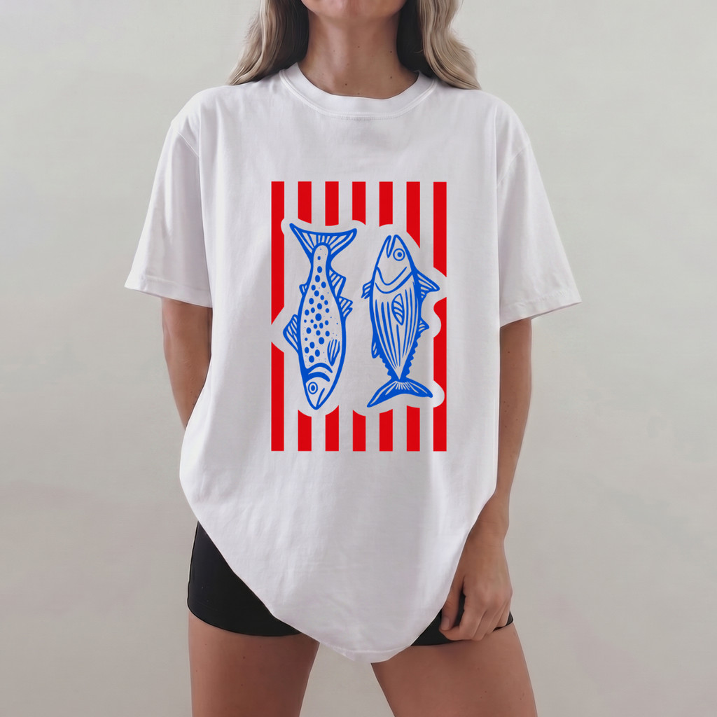 Camiseta Feminina Peixes Vintage Praia Tendência Estampada Confortável Moderna