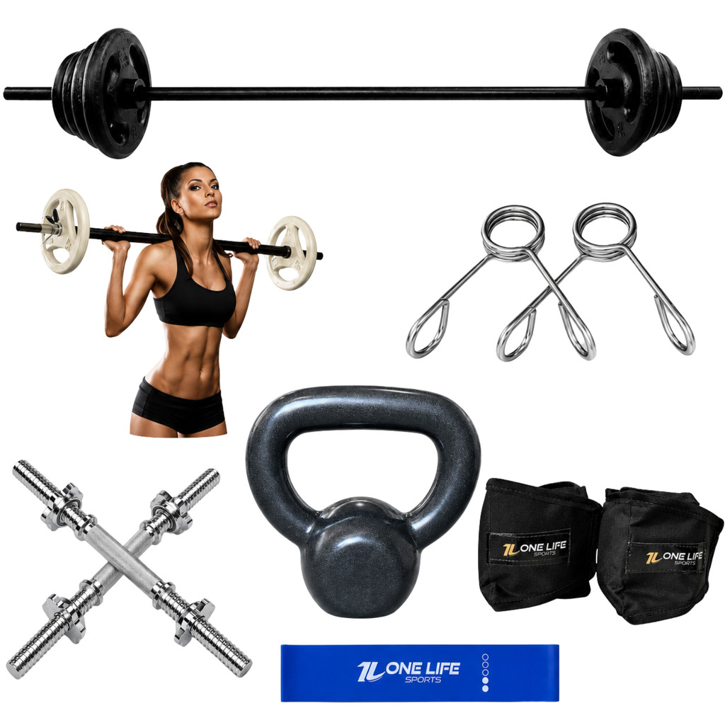 KIT barra 120 + barras 40 + 8kg de anilhas + band + caneleiras 2kg + kettlebell 4kg