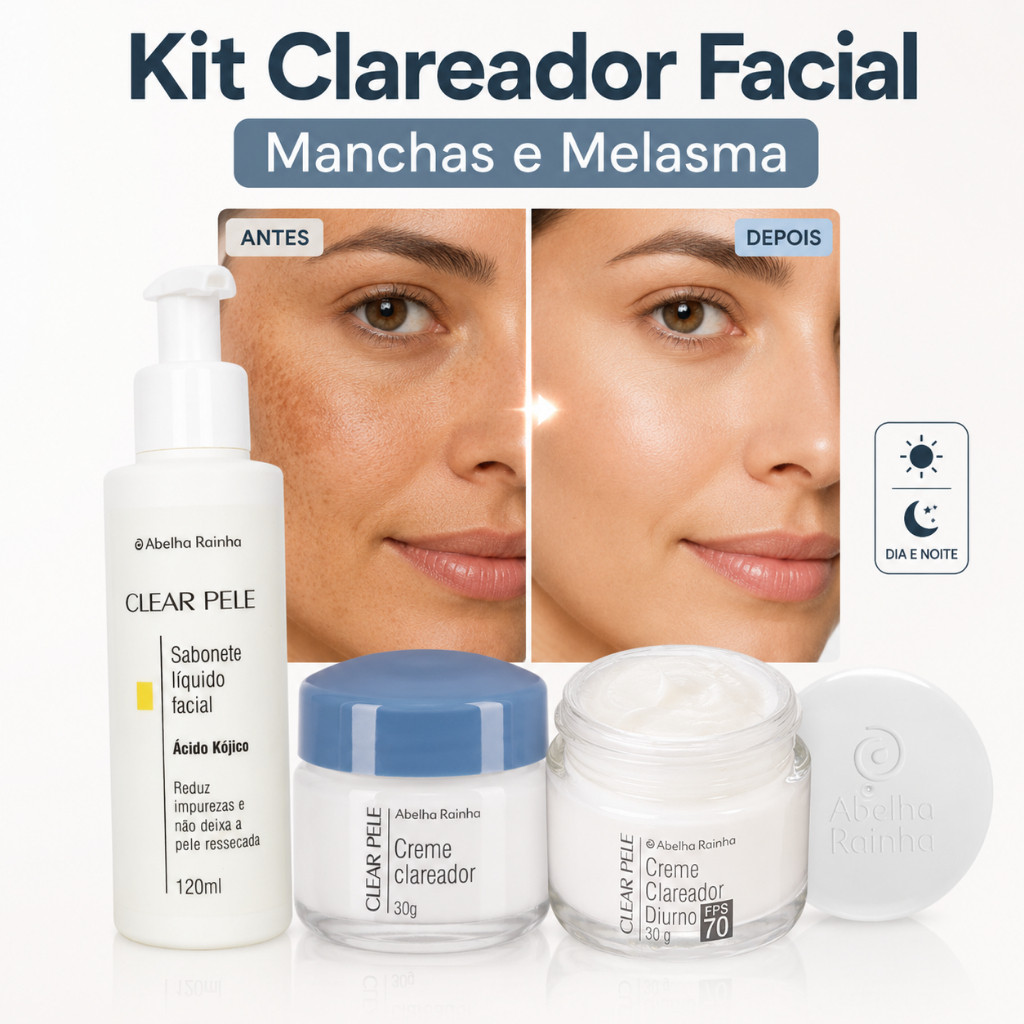 Kit Clareador Facial Para Manchas No Rosto Melasma Sabonete Creme Dia Noite FPS 70