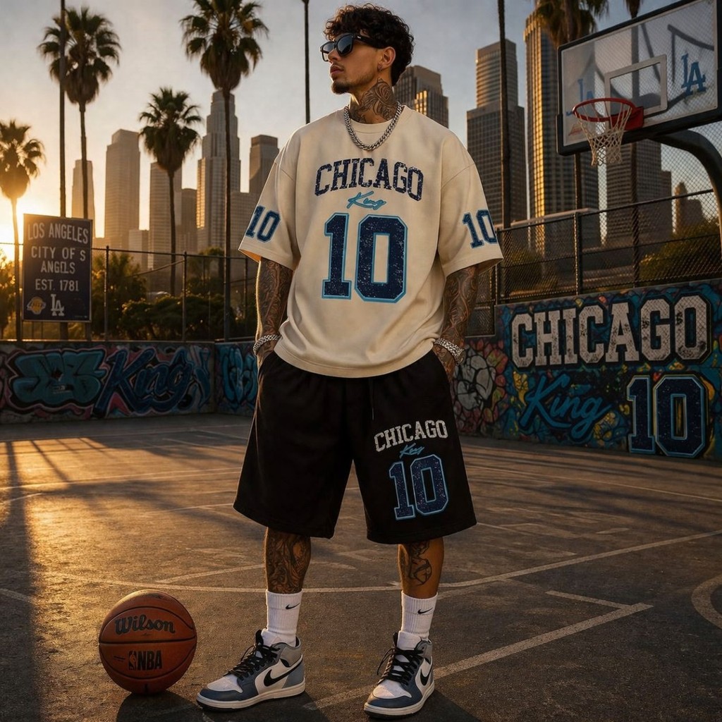 Kit Conjunto Camiseta Algodão E Bermuda Moletom Streetwear Chicago 10 Estampada