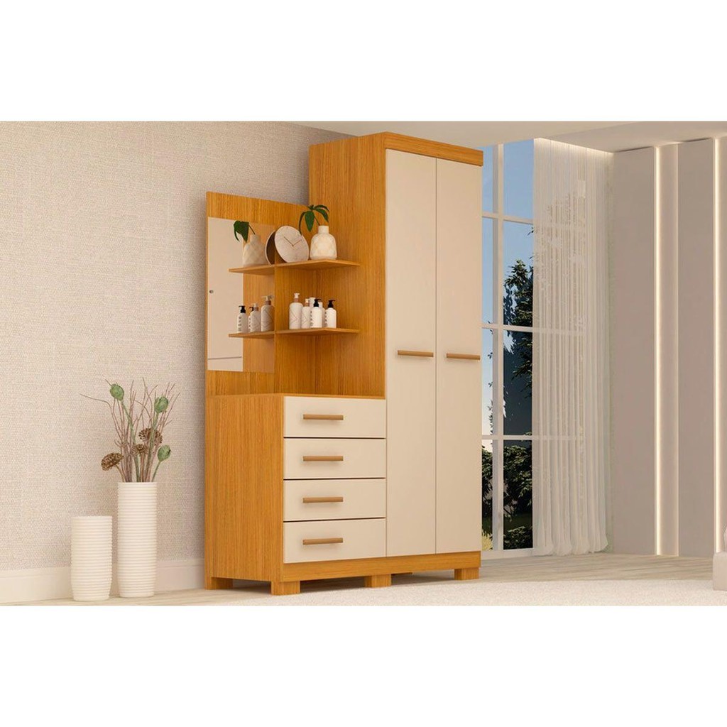 Guarda Roupa Solteiro 2 Portas e 4 Gavetas c/ 1 Espelho Melissa Nature/Off White - ACP