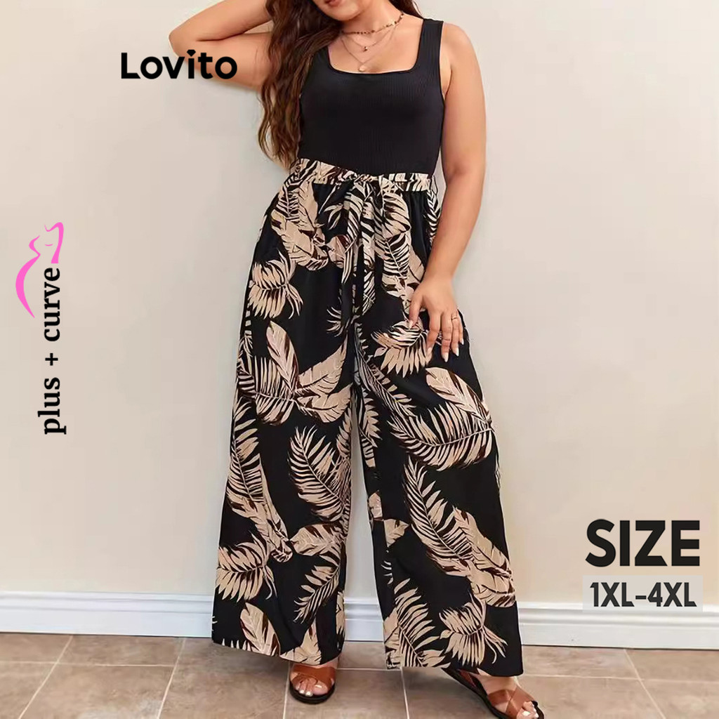 Lovito Macacão Plus Size Curve Elegante Tecido Tropical Costurado Plus Size Para Mulheres LNL91059 em Oferta na Shopee