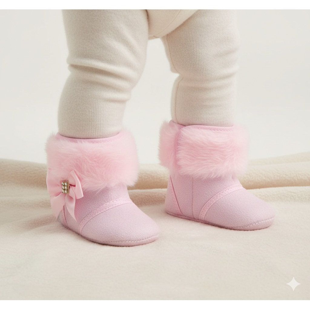 Bota Bebê Menina Pelo Pelúcia Rosa Inverno Botinha Forrada Laço Cetim  Strass  Infantil RN