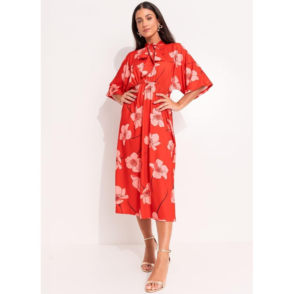 Vestido Midi Malha Fria Flores Colorido Quintess em Oferta na Shopee
