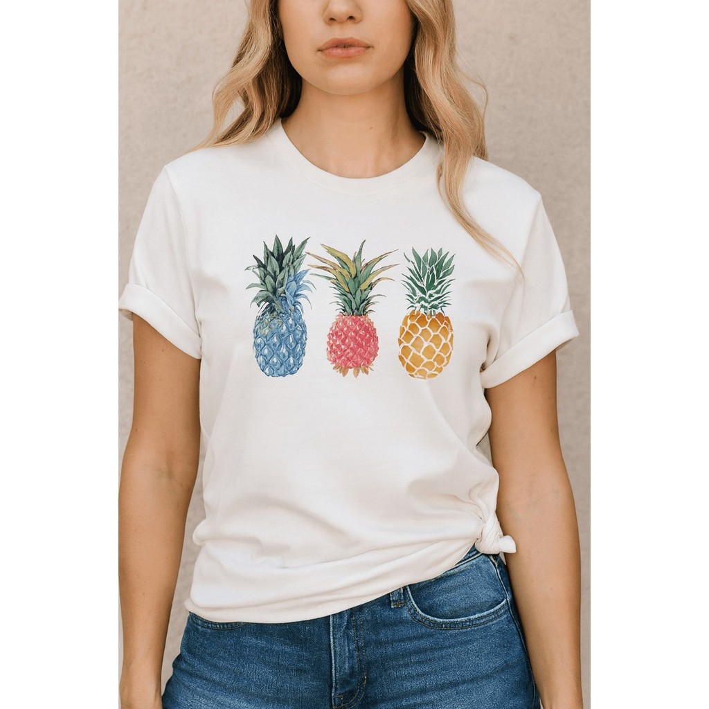 Camiseta T-Shirt Feminina Estampas de Abacaxi 100% Algodão Gola Redonda Casual Verão Camisa Lindas