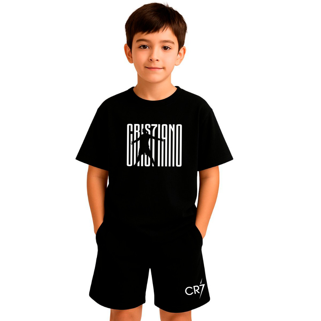 Kit Infantil 2 Peças Com 1 Camiseta e 1 Short Moletom Jogador Cristiano Ronaldo CR7 Menino Menina Blusa Unissex