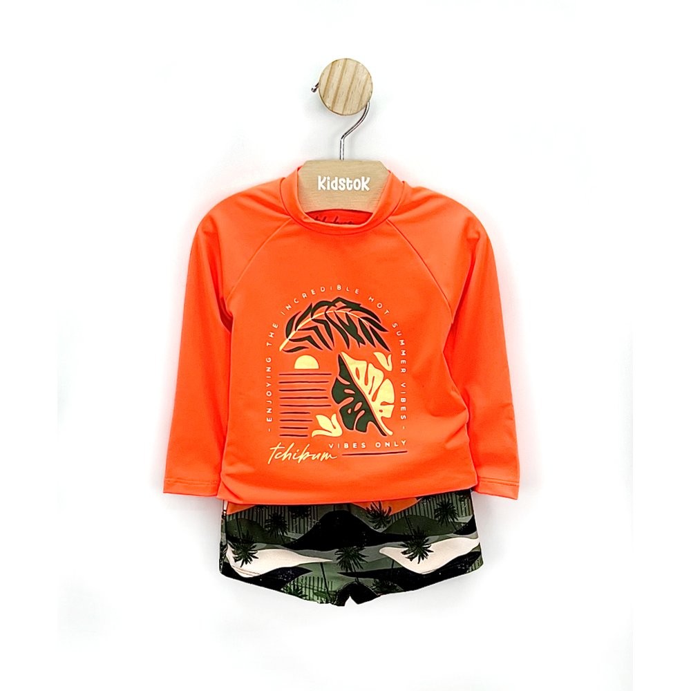 Conjunto Menino Camiseta e Sunga Proteção UV Coqueiros - Kamylus em Oferta na Shopee