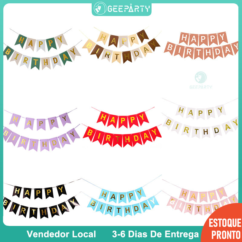 GeeParty - Bandeira de Aniversário com Tema Amêndoa, Verde, Dourado e Rosa para Decoração de Festa em Oferta na Shopee