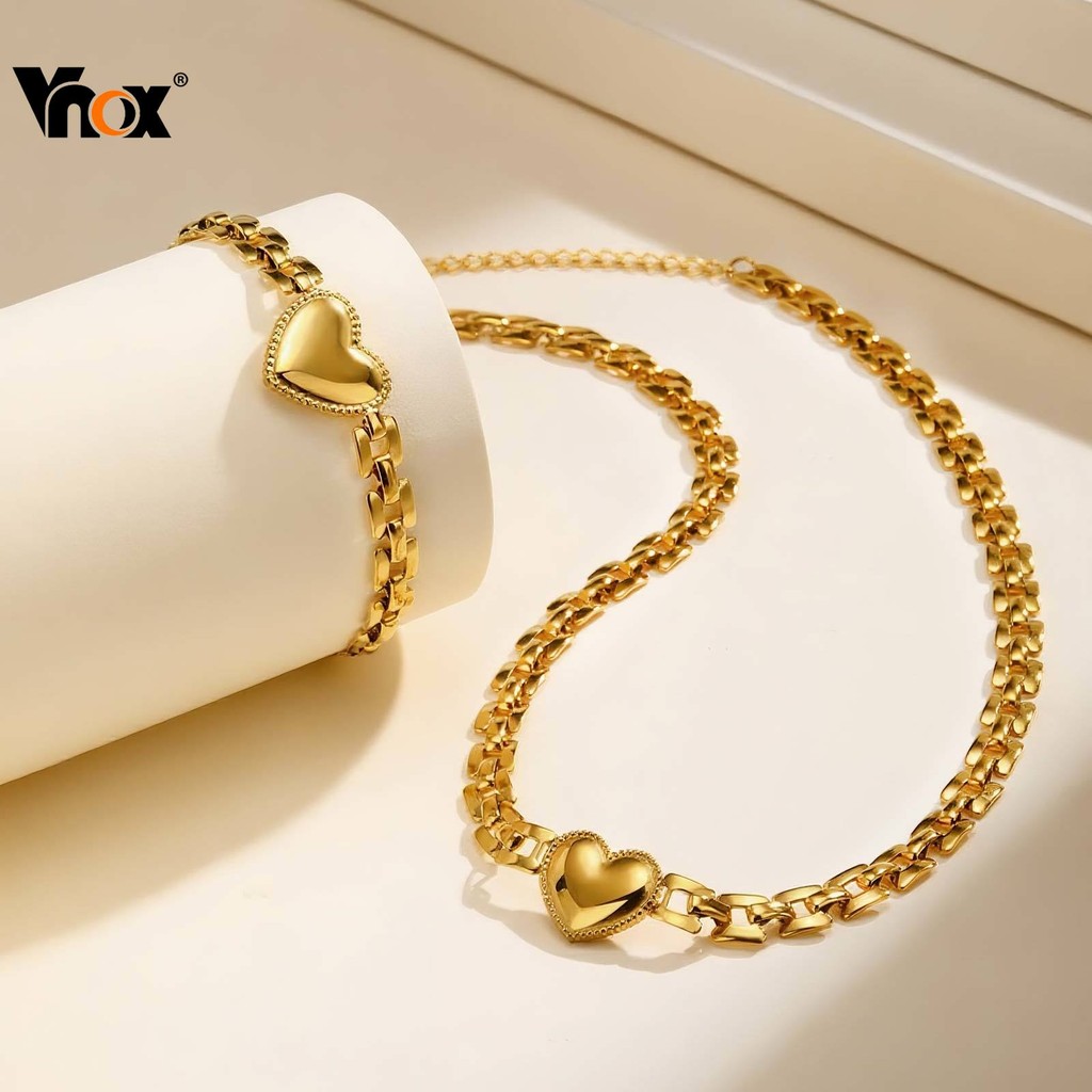 Vnox Ouro Em Forma De Coração Gargantilha Colar Pulseira Conjunto , Aço Inoxidável Não Manchar Grosso De Jóias Presente