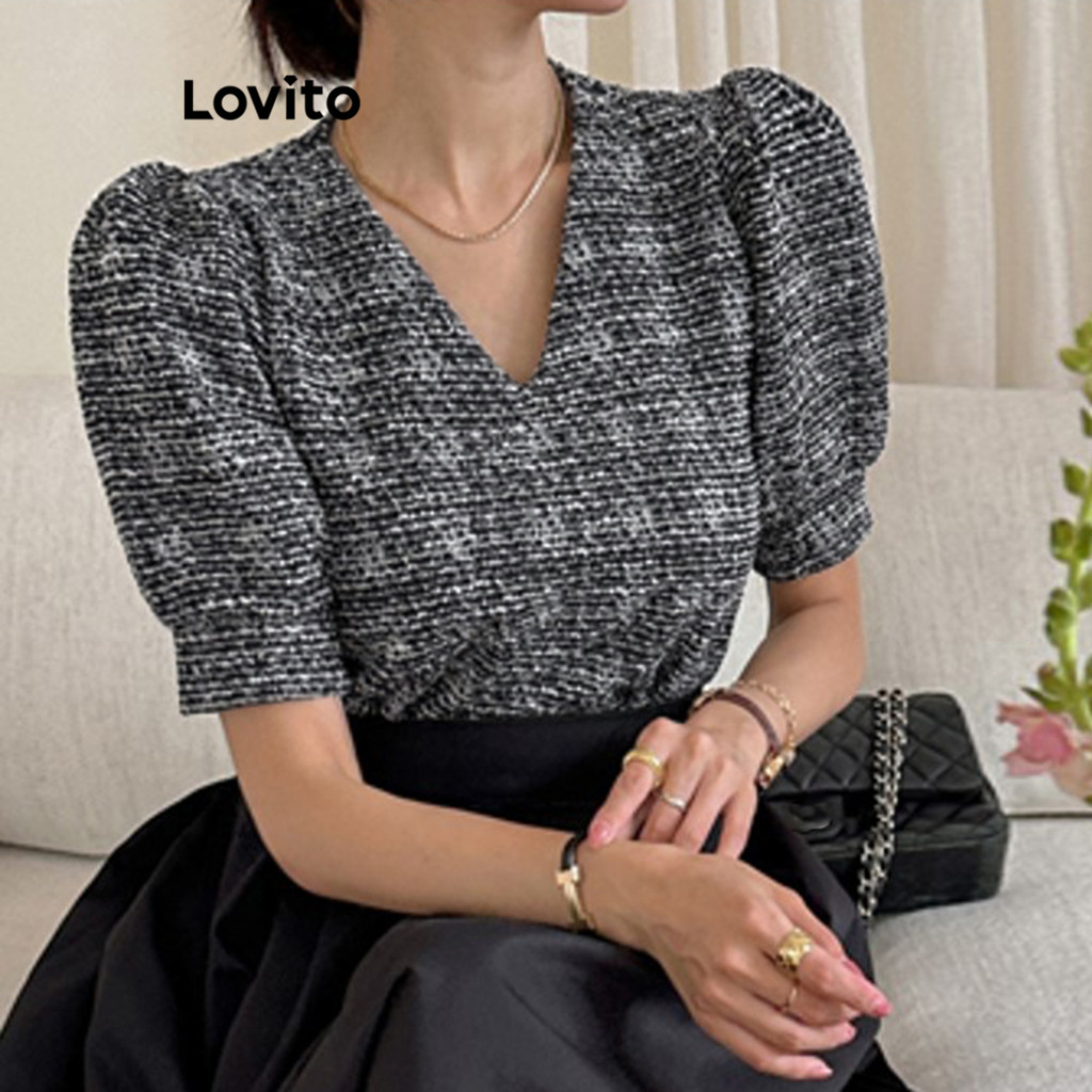 Detalhes do Lovito Blusa Elegante Blusa Lisa Para Mulheres L113MD134