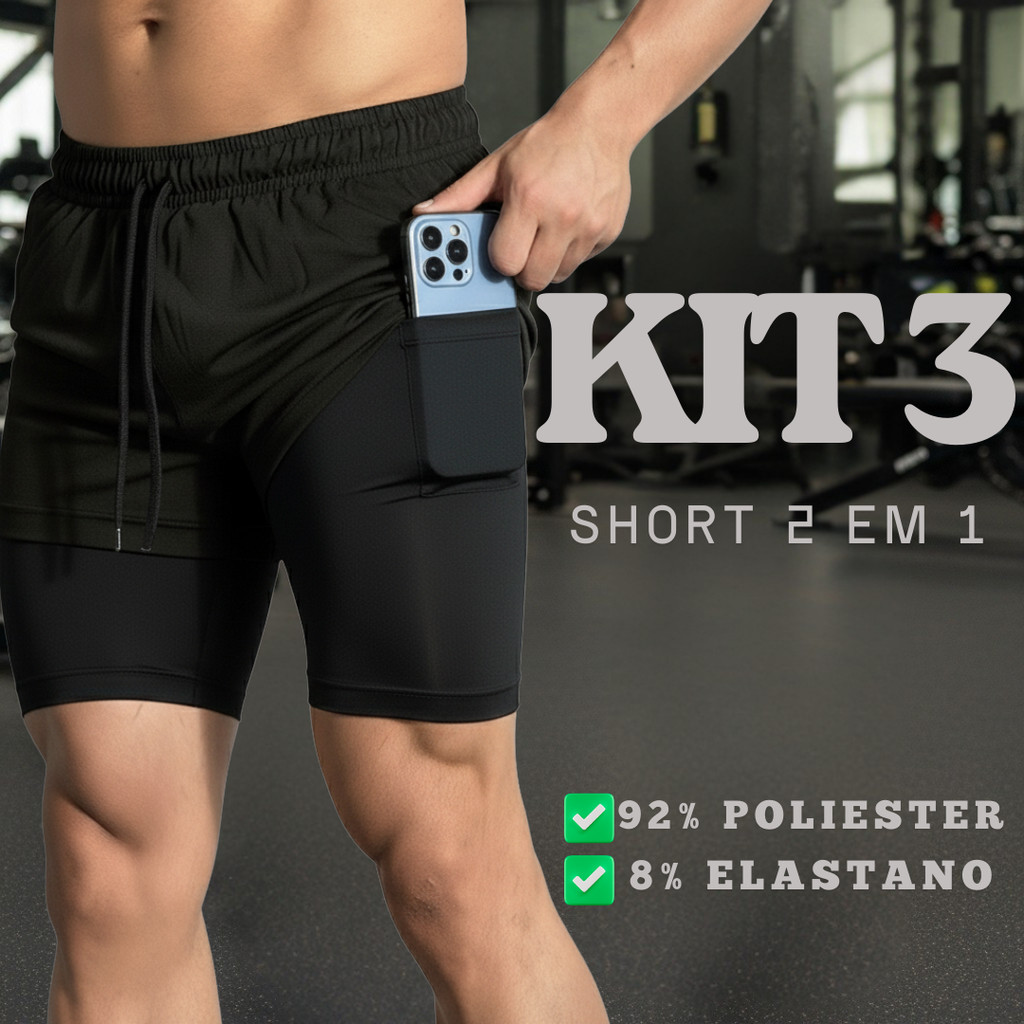 Kit 3 Bermudas 2 em 1 Masculinas Academia e Corrida com Proteção UV e Elastano