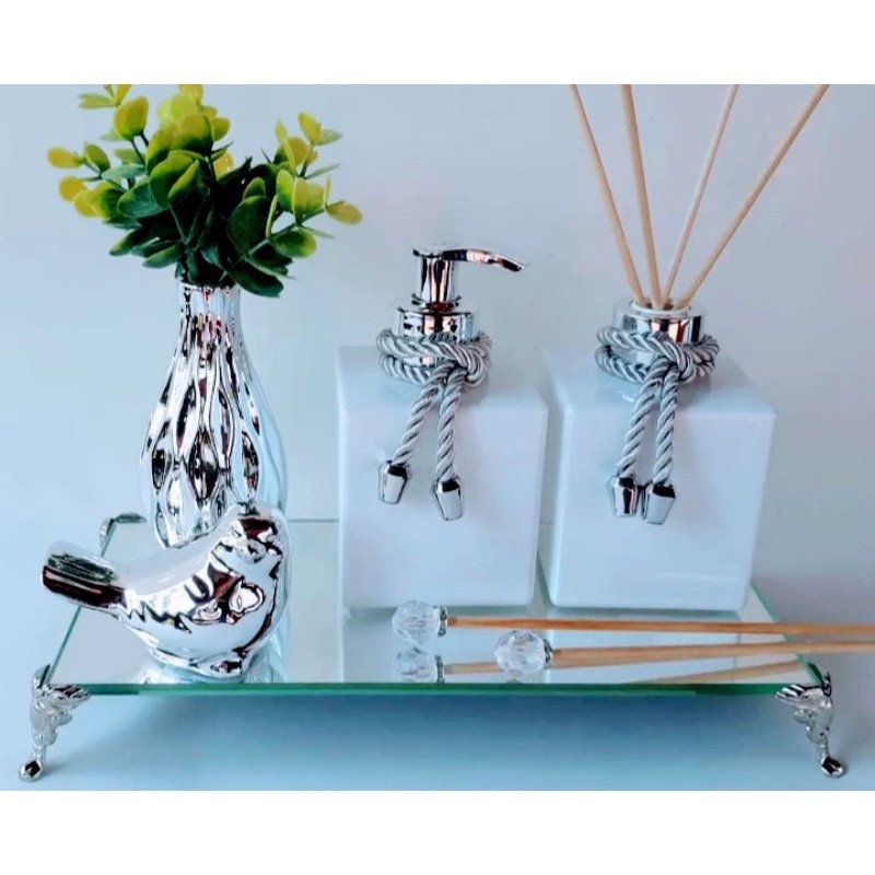 Kit Lavabo Luxo Banheiro Decoração Casa Branco Vaso cerâmica Passarinho Bandeja Espelhada