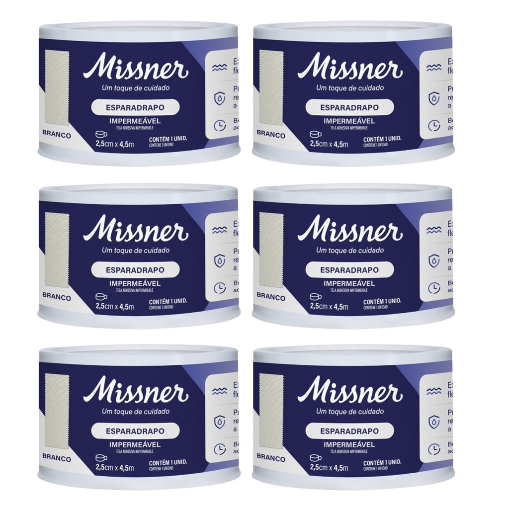 Kit 6 Esparadrapo Impermeável Branco 2,5cm X 4,5m - Missner