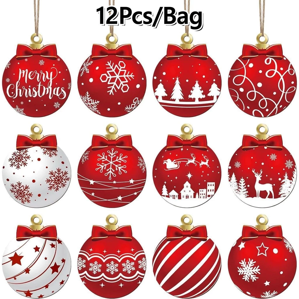 12 Pcs Bola De Natal Pingente Enfeite De Madeira Decorações Penduradas DIY Árvore Decoração Artesanal — imagem 1