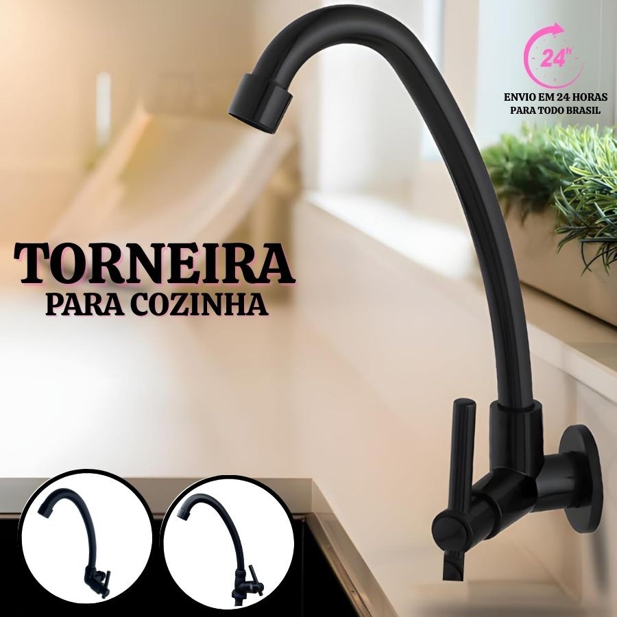 Torneira De Parede Bica Móvel Pia Cozinha de Parede Preta All Black ABS 1/4 de Volta