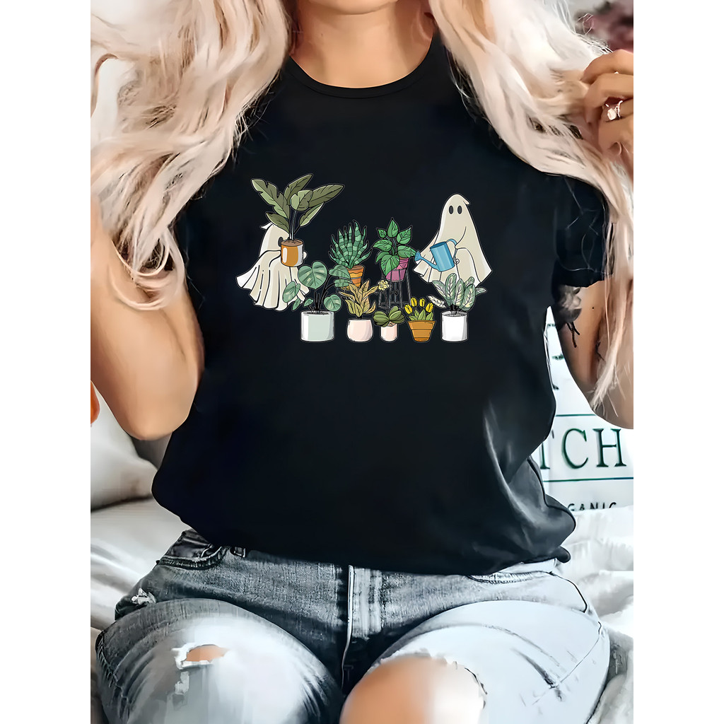 Bonito Camiseta Feminina Casual De Algodão Com Estampa De Fantasma De Jardineiro E Planta Para Halloween