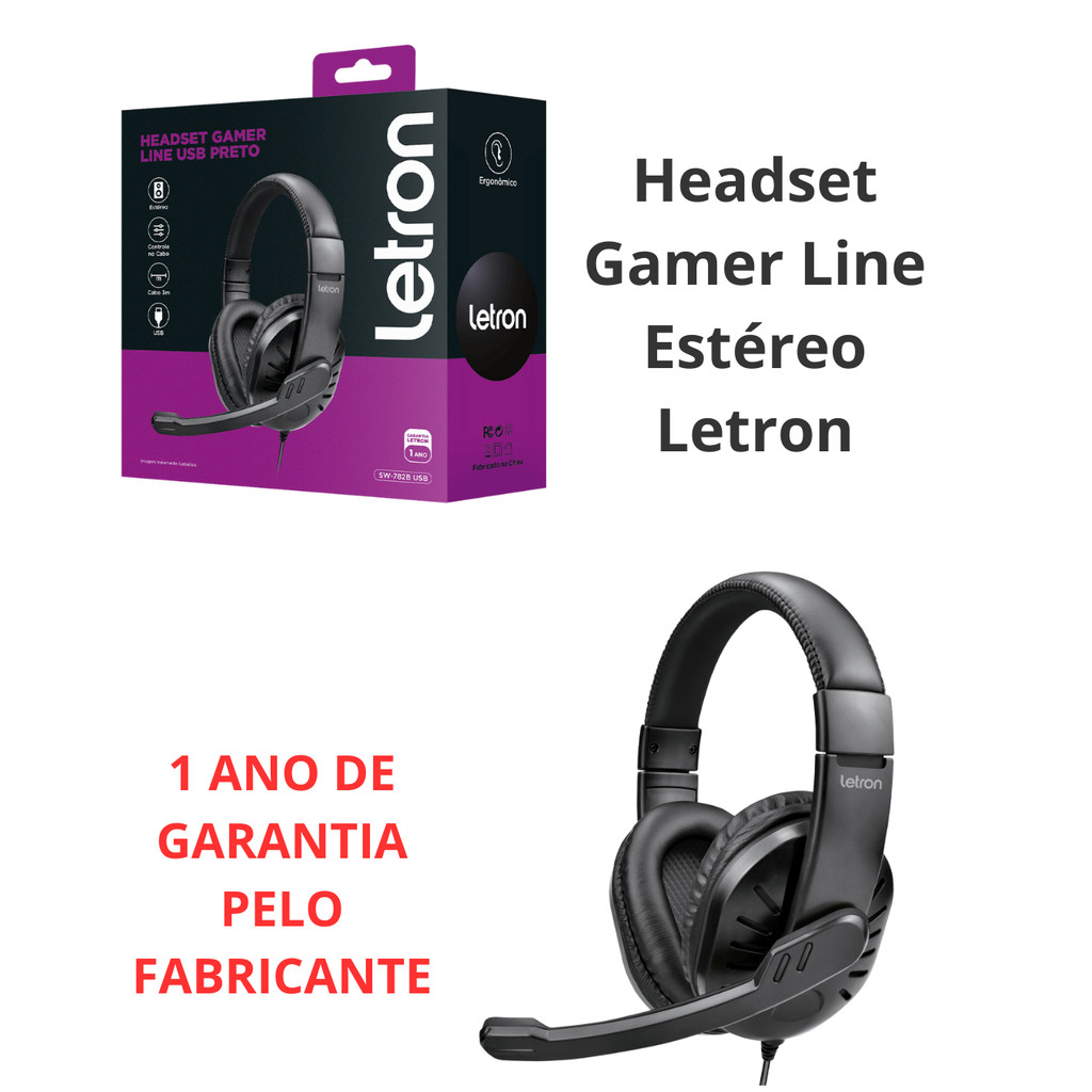 Headset Gamer Line Letron Estéreo Driver 40mm Cabo 1,8m Ergonômico Preto - USB