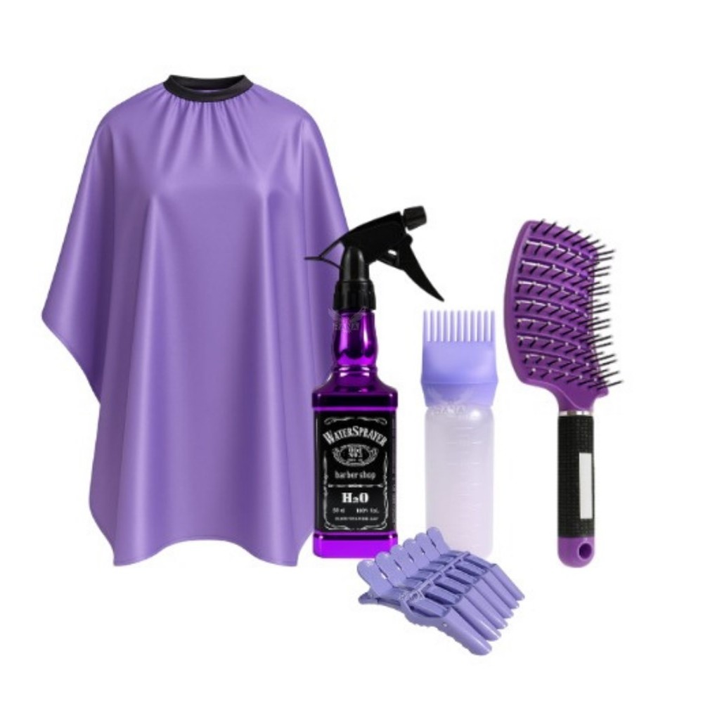 Kit 5 Peças Capa Lilás, Borrifador Jack Roxo, Aplicador de Tinta Lilás, Raquete Roxa e Prasilha Roxa