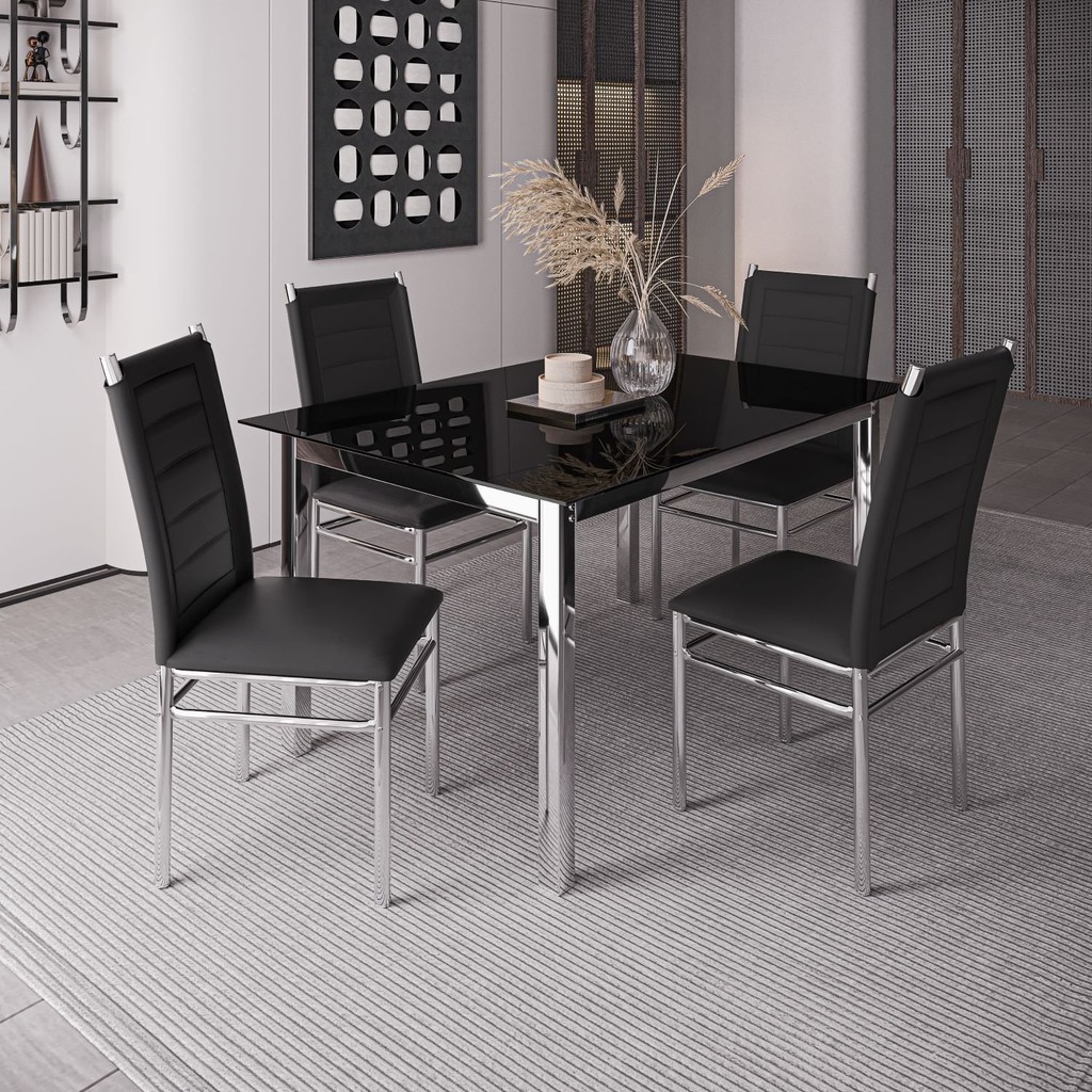 Conjunto Sala de Jantar Mesa Dubai Tampo Vidro com 4 Cadeiras Tokio Cromado/Preto em Oferta na Shopee
