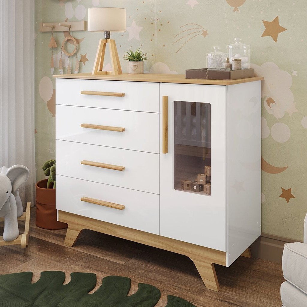 Cômoda Infantil 1 Porta com Janela 4 Gavetas 119cm 100% MDF Kakau Retrô Espresso Móveis Branco Brilho/Amêndoa em Oferta na Shopee