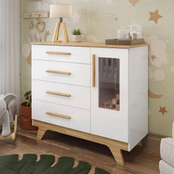 Cômoda Infantil 1 Porta com Janela 4 Gavetas 119cm 100% MDF Kakau Retrô Espresso Móveis Branco/Brilho/Amêndoa Branco