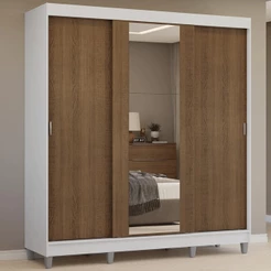 Guarda-Roupa Casal com Pés 3 Portas de Correr com Espelho Branco/Rustic Reno Madesa