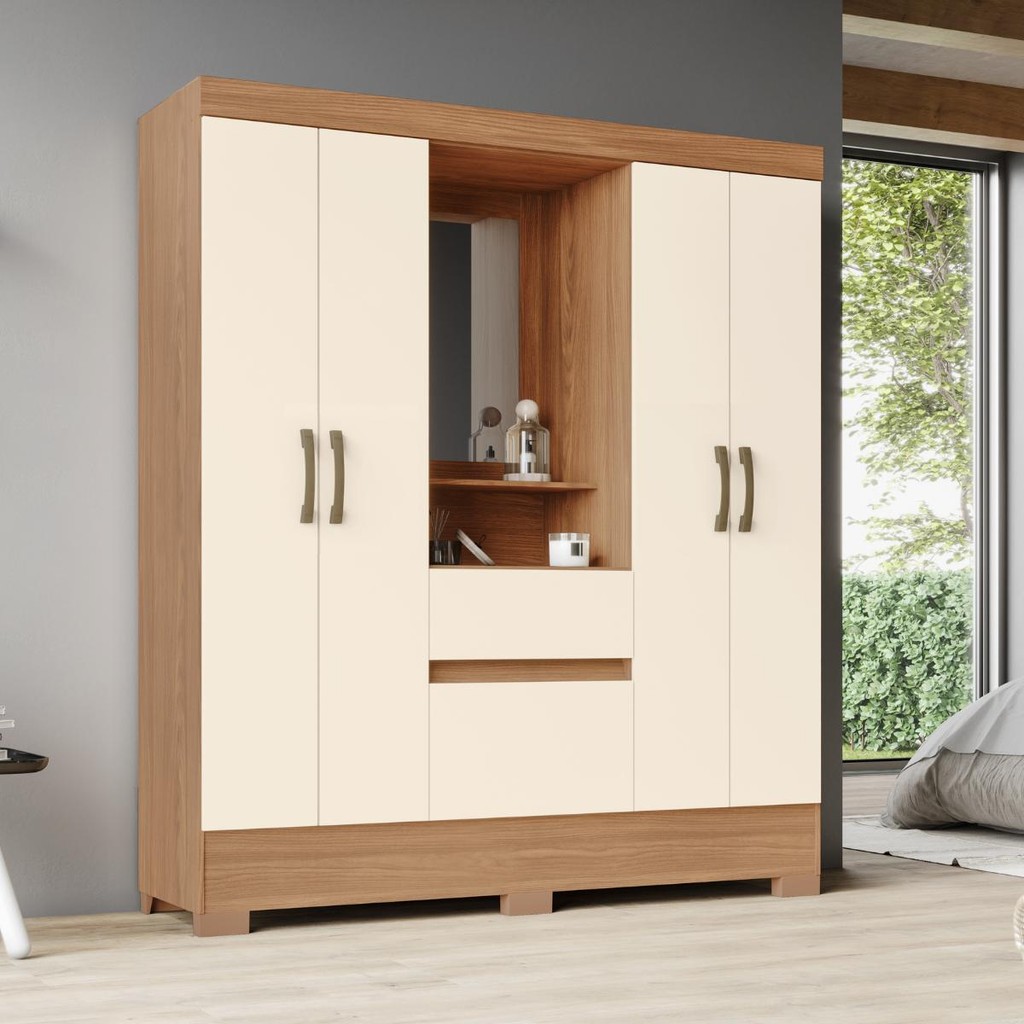 Guarda-roupa Briz Solteiro Com 4 Portas 2 Gavetas Bs07-127 Nature/off White Henn em Oferta na Shopee