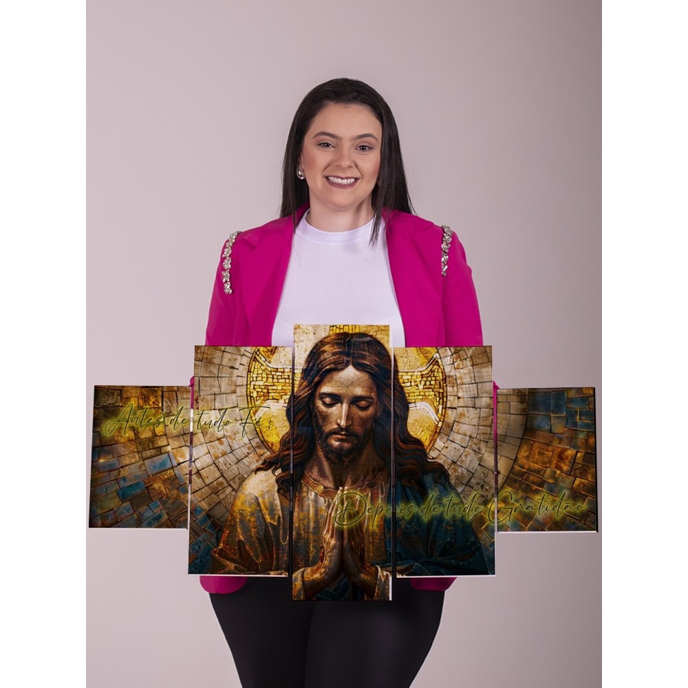 Quadro Decorativo Jesus Cristo 5 Peças Painel Mosaico Religioso Fé Gratidão Sala Quarto Parede