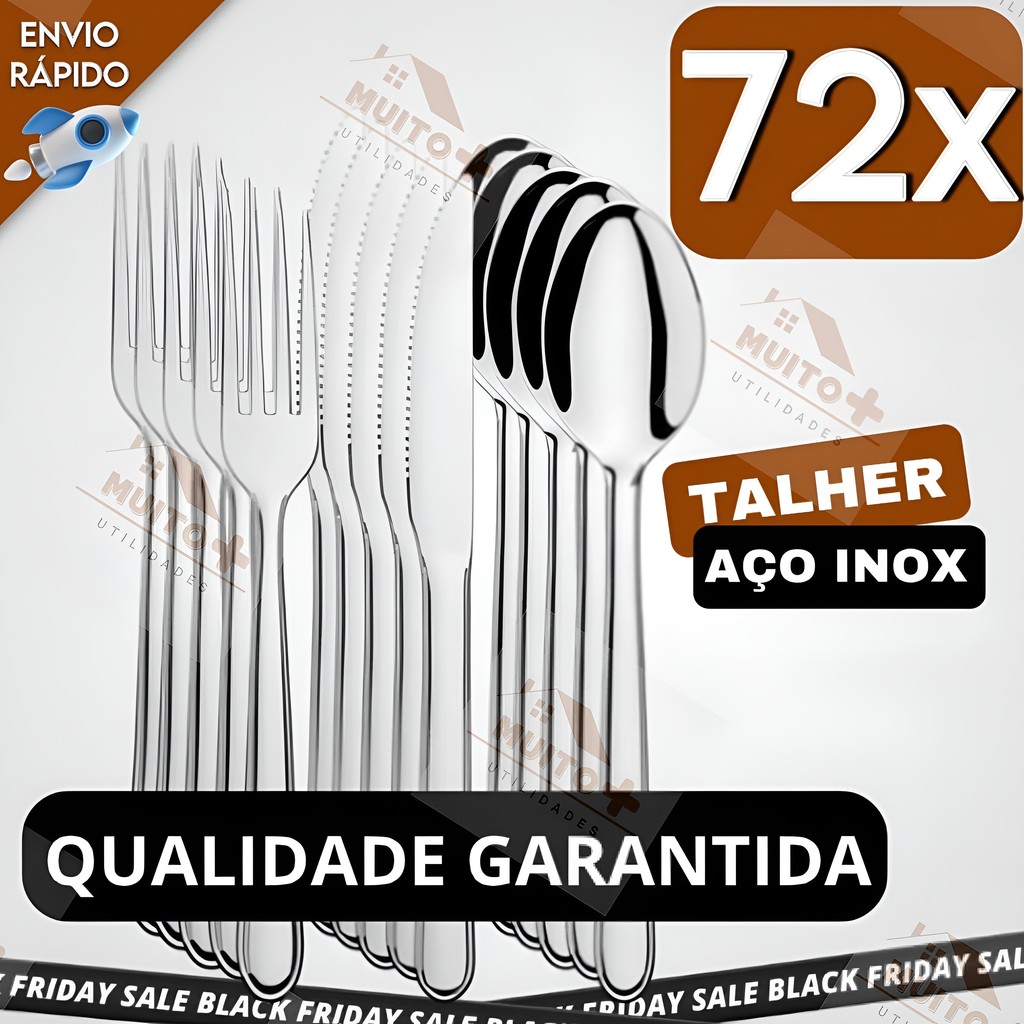 Conjunto Jogo de Talheres Inox 72 peças Aço Inox 24 Facas 24 Garfos e 24 Colheres de Mesa Casa Para Restaurante Bar