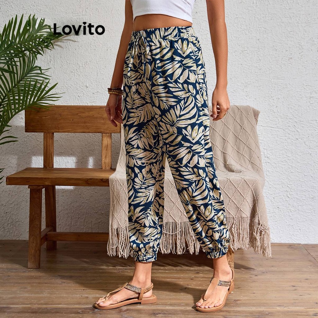 Detalhes do Lovito Calças Boho Plantas Flores Calças De Verão Para Mulheres LBL19083