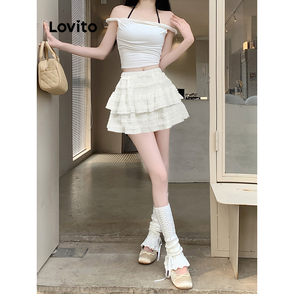 Detalhes do Lovito Saias Casuais Com Babados Lisos Para Mulheres L88AD161