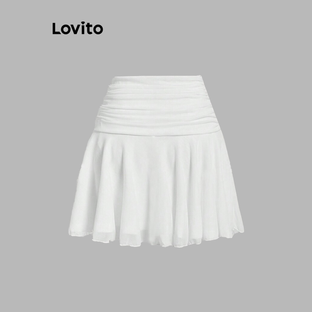 Detalhes do Lovito Saias Casuais Saia Drapeada Lisa Franzida Para Mulheres L101AD104