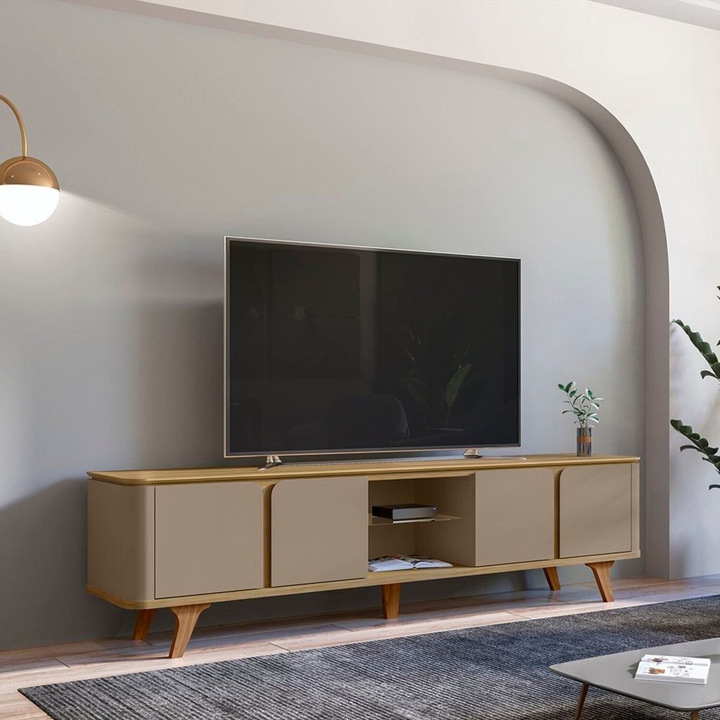 Rack para TV até 60 Polegadas MDF 217cm Pés em Madeira Maciça Cantos Curvos Roma Cinza Hannover/Fendi Hannover/Fendi