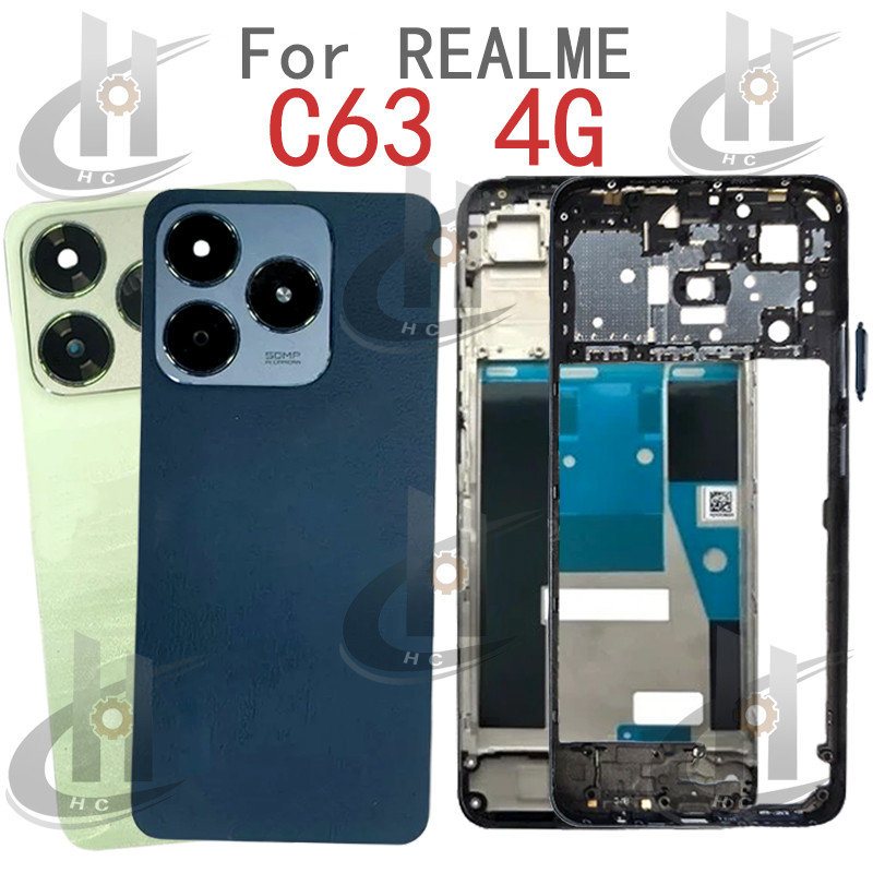 Para Realme C63 4G Bateria Capa Traseira Habitação Moldura Intermediária + Botão + Frontal LCD Da Lente Câmera