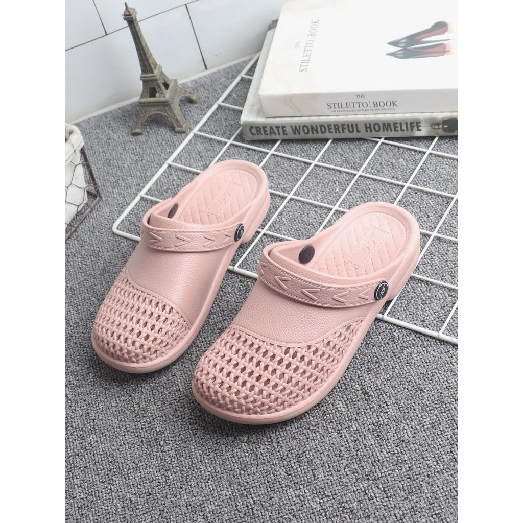 Tecido oco Baotou sandálias chinelos feminino verão plástico respirável antiderrapante exterior Wear All-match Hal