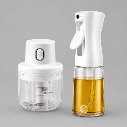 Kit Cozinha Spray Borrifador Óleo Vinagre Azeite E Mini Processador De Alimentos Alho Cebola