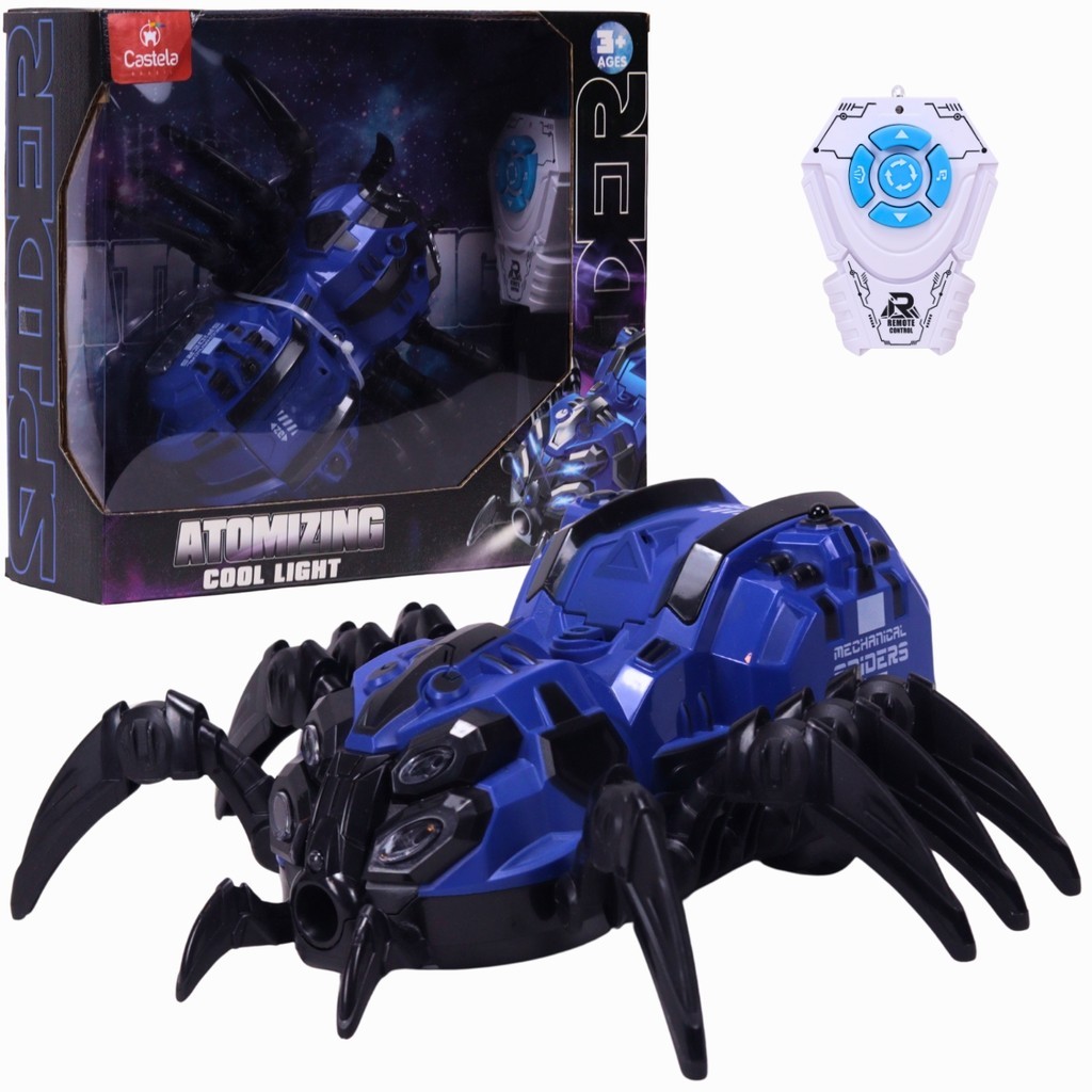 Brinquedo Robô Aranha Controle Remoto Solta Fumaça Som E Luz LED Azul Castela Infantil