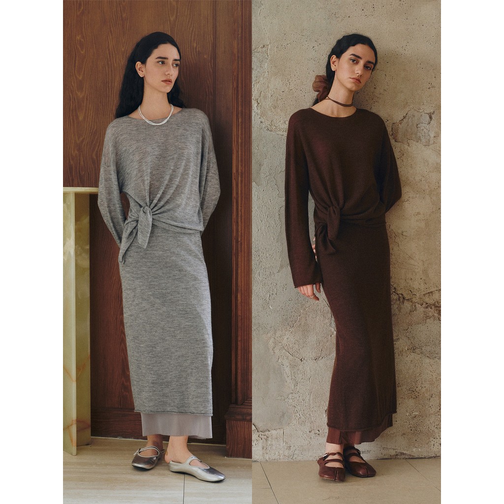 CHONG X TONE · E< Evening Breeze} Super Fino BB Alpaca Lã Mercerizada Natural Curling Saia Terno